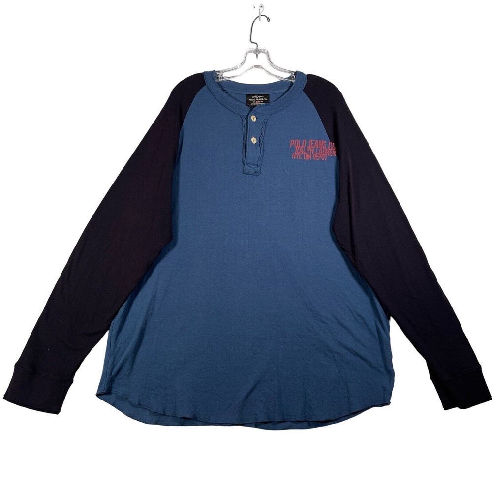 Polo Jeans Co. RL Mens‎ Henley T Shirt XXL Blue Raglan Long Sleeve Spellout Logo
